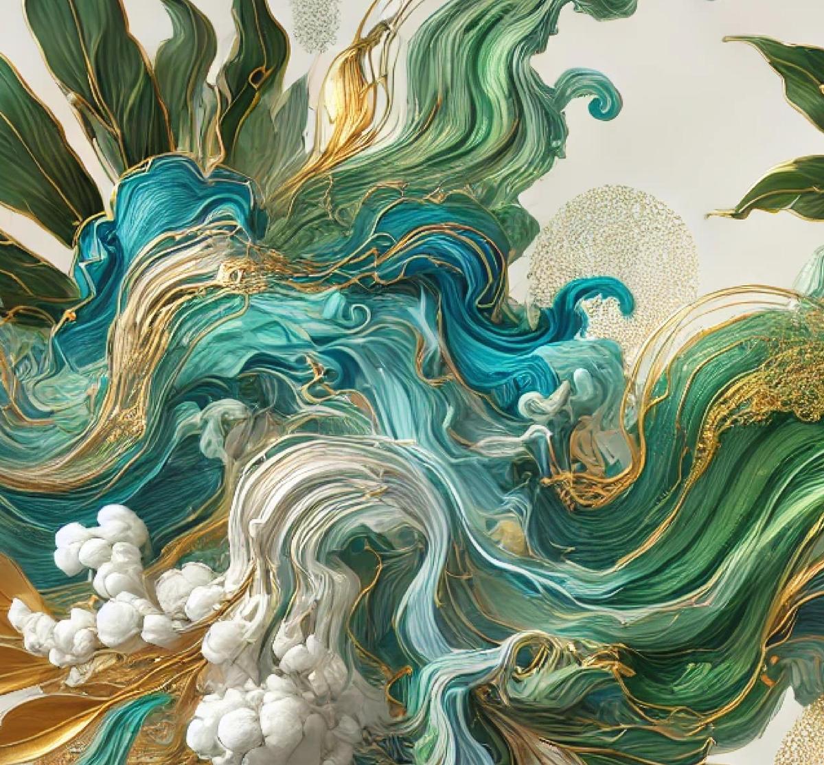 Gemälde in Teal und Gold aus dem Bohemian-Haus-Design